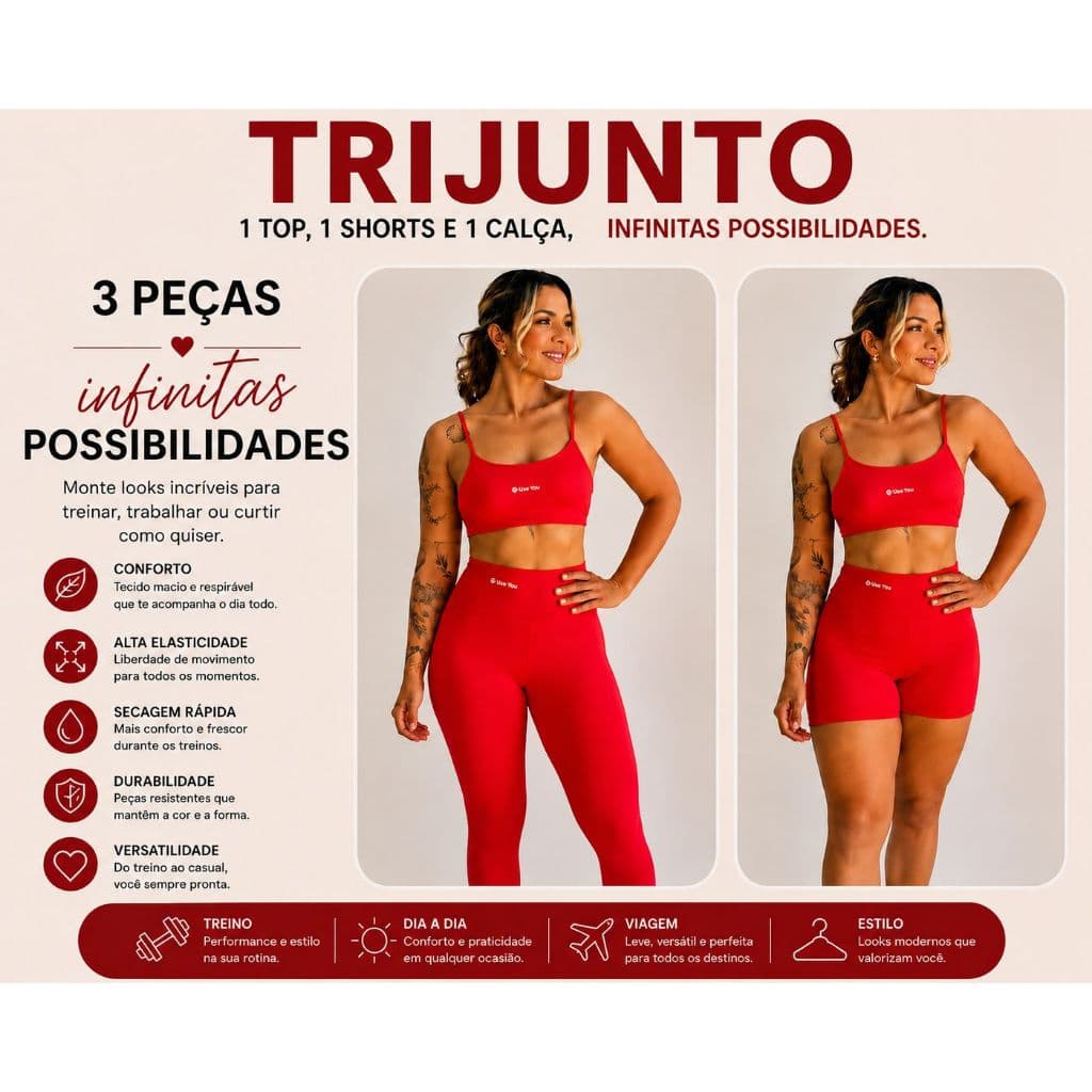 Tri-Junto Legging + Short Cintura Alta + Top Forrado com entrada Bojo