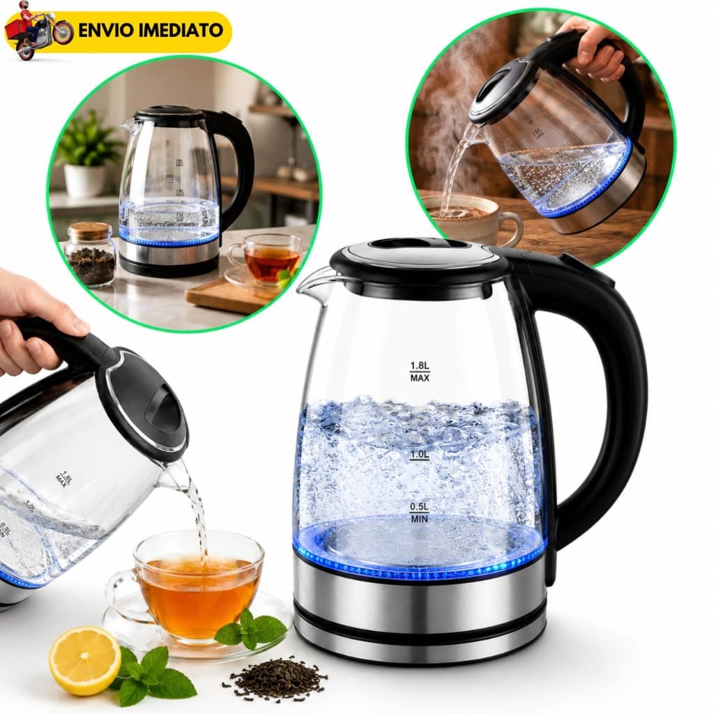 Chaleira Elétrica Vidro 1,8L 1500W 127V/220V Desligamento Automático LED Azul Base 360° Ferve Água Rápido Inox Premium