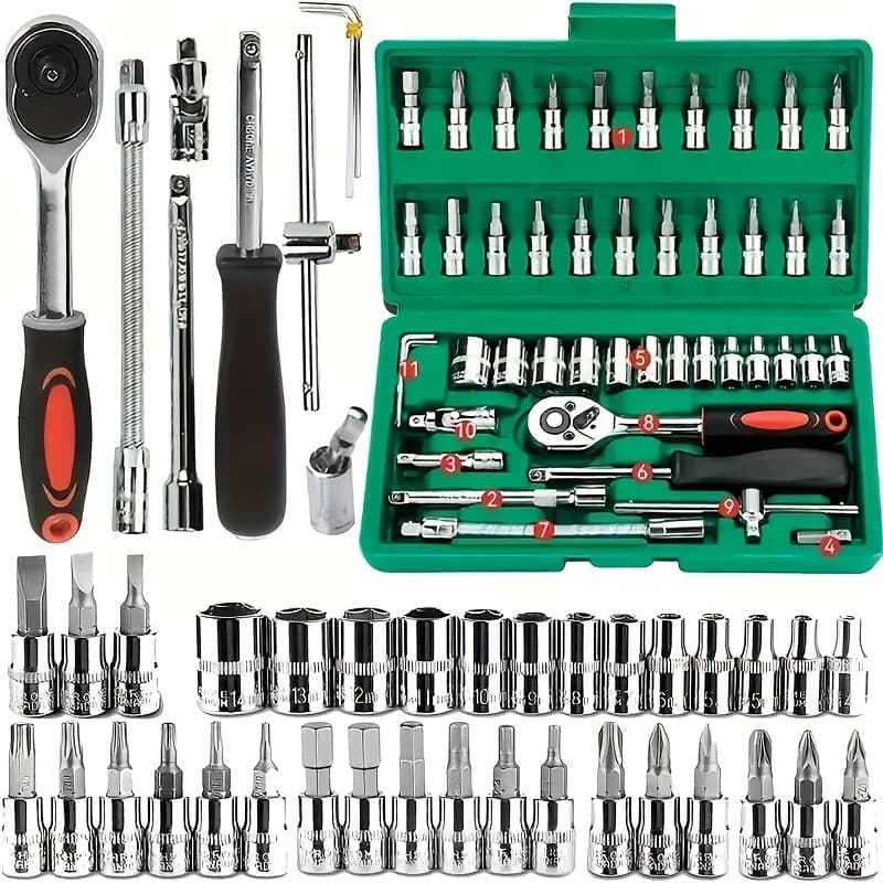 46 Peças Verde Kit Chaves Jogo Catraca Reversível Soquetes Maleta Promoção
