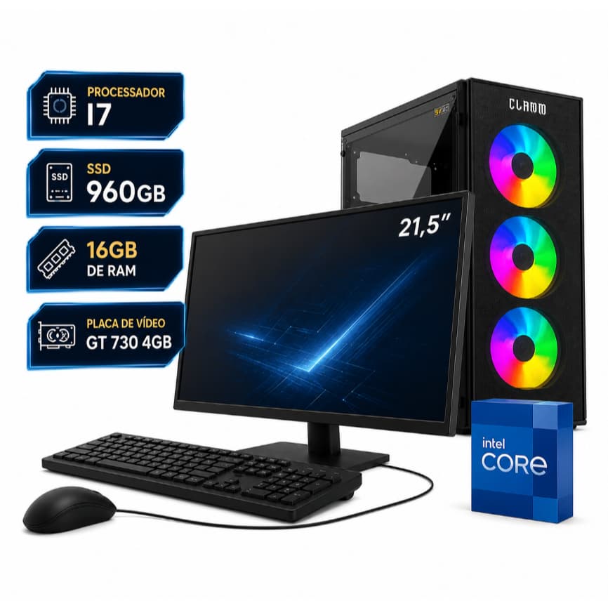Computador Gamer Completo i7 3.6Ghz - 16GB - 960GB - GT730 4GB - Monitor 21,5"