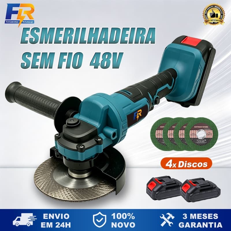 Esmerilhadeira Lixadeira Elétrica Sem Fio Profissional 4 Pol 100mm 2 Baterias 48V 4 Discos