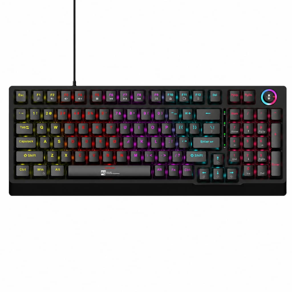 Teclado Mecânico Gamer RGB Rainbow 98 Teclas com Botão Giratório Controle de Volume USB Preto