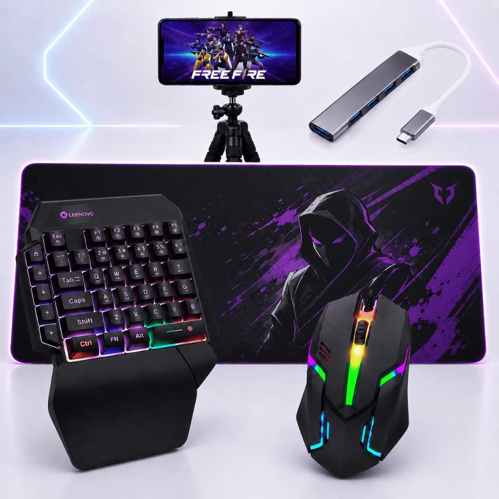 Kit Mobilador Gamer Completo Teclado Uma Mao Mouse Gamer Mousepad 30x90cm Hub Tipo C Tripé Full