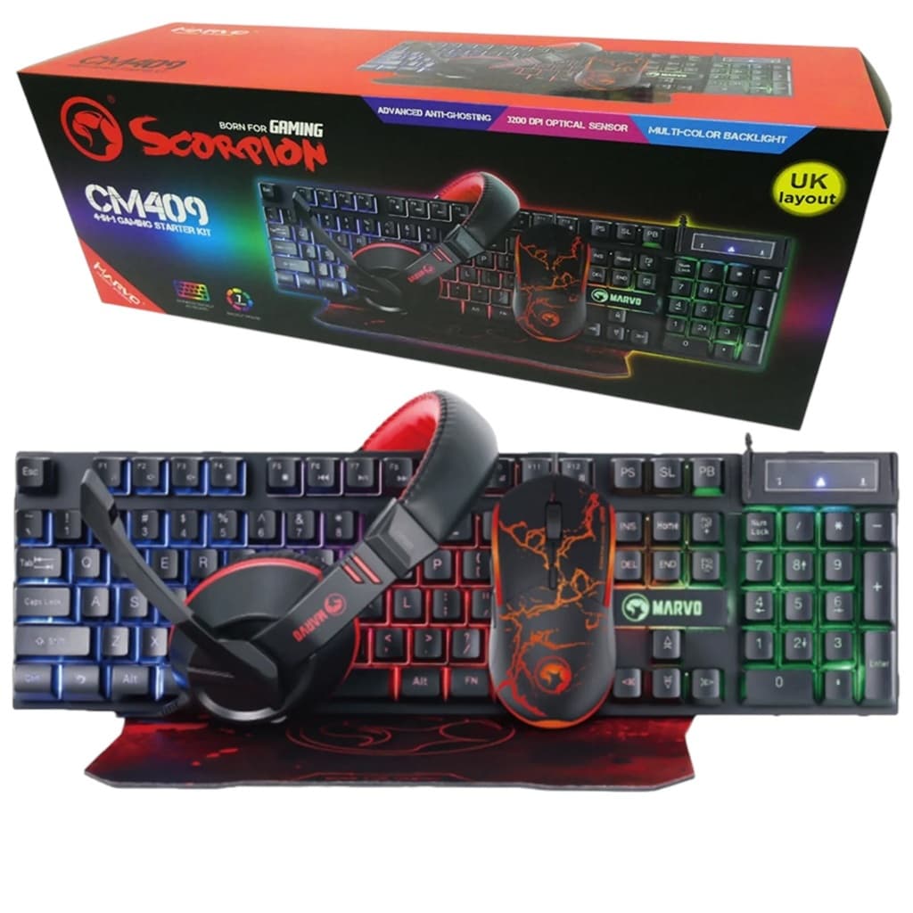 Kit Gamer 4 em 1 Marvo CM-409 Completo com Teclado Mouse Headset e Mousepad