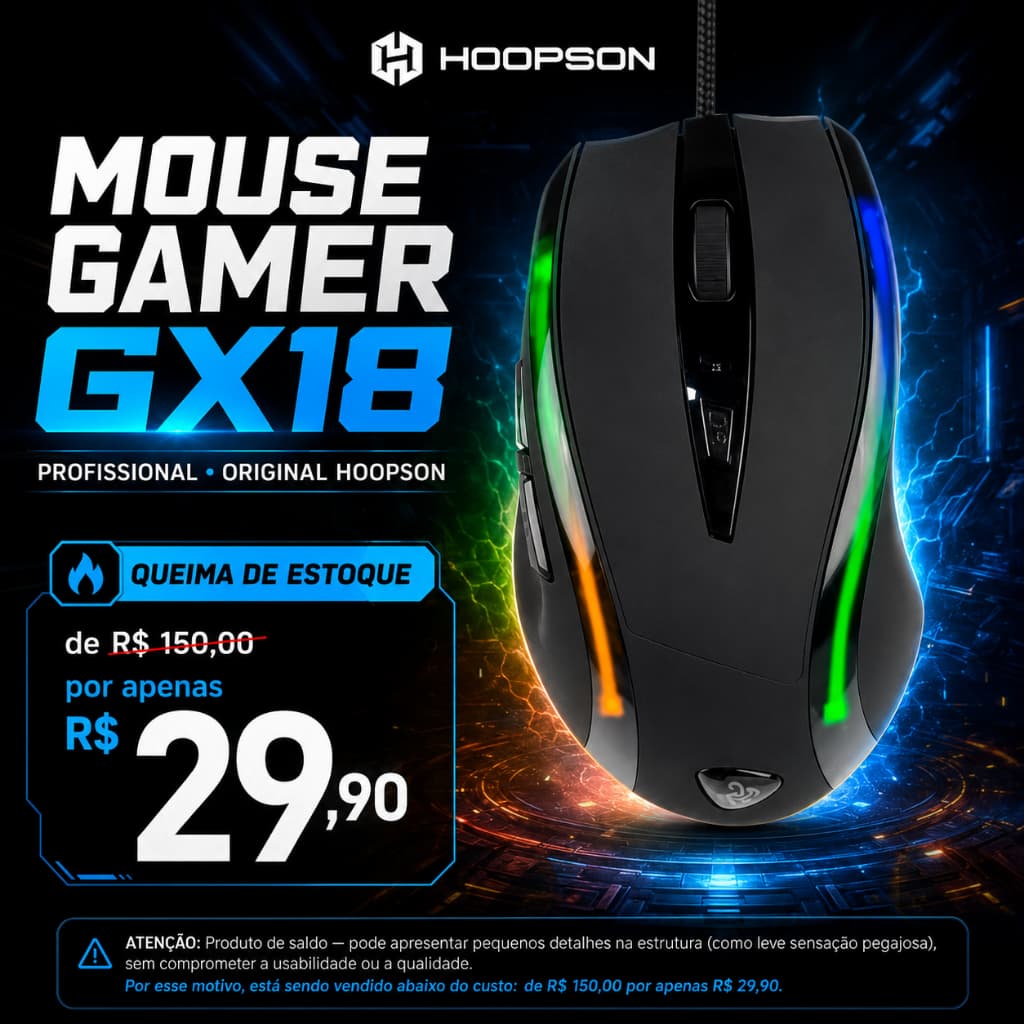 Mouse Gamer Hoopson GX18 Profissional RGB com Fio — Alta Precisão Design Ergonômico e PREÇO DE SALDO