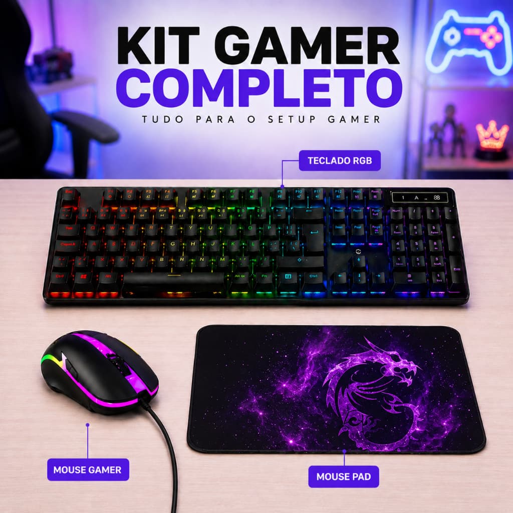 Kit Gamer Completo Teclado Semi Mecânico RGB Mouse Gamer Óptico Mouse Pad PC PS5 Xbox Notebook Full