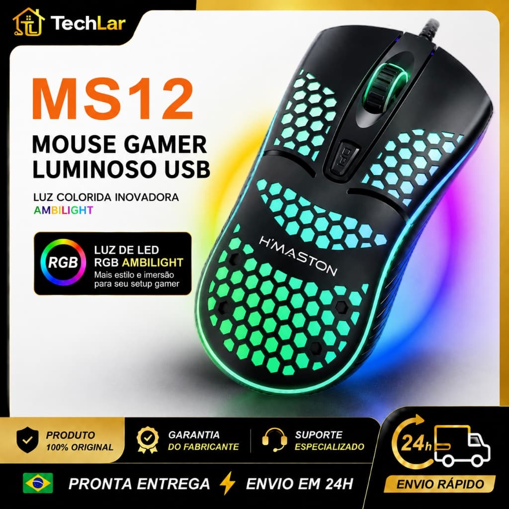 Mouse Gamer RGB com iluminação dinâmica e visual moderno para jogos e trabalho