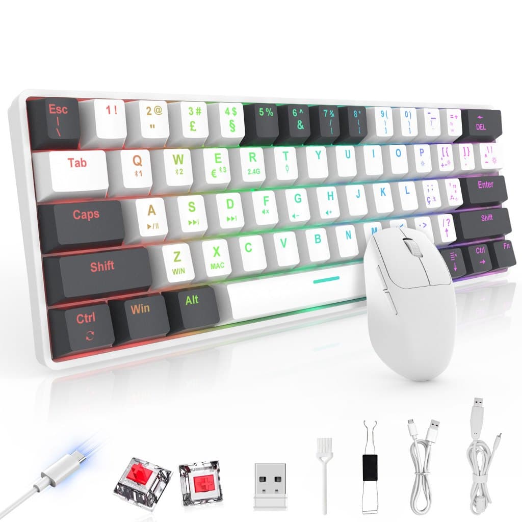 Combo Teclado Mecânico 61 Teclas e Mouse Sem Fio Tri-Mode RGB Switch Titanium PBT Hot-Swappable ABNT2 Bluetooth 5.0 2.4G