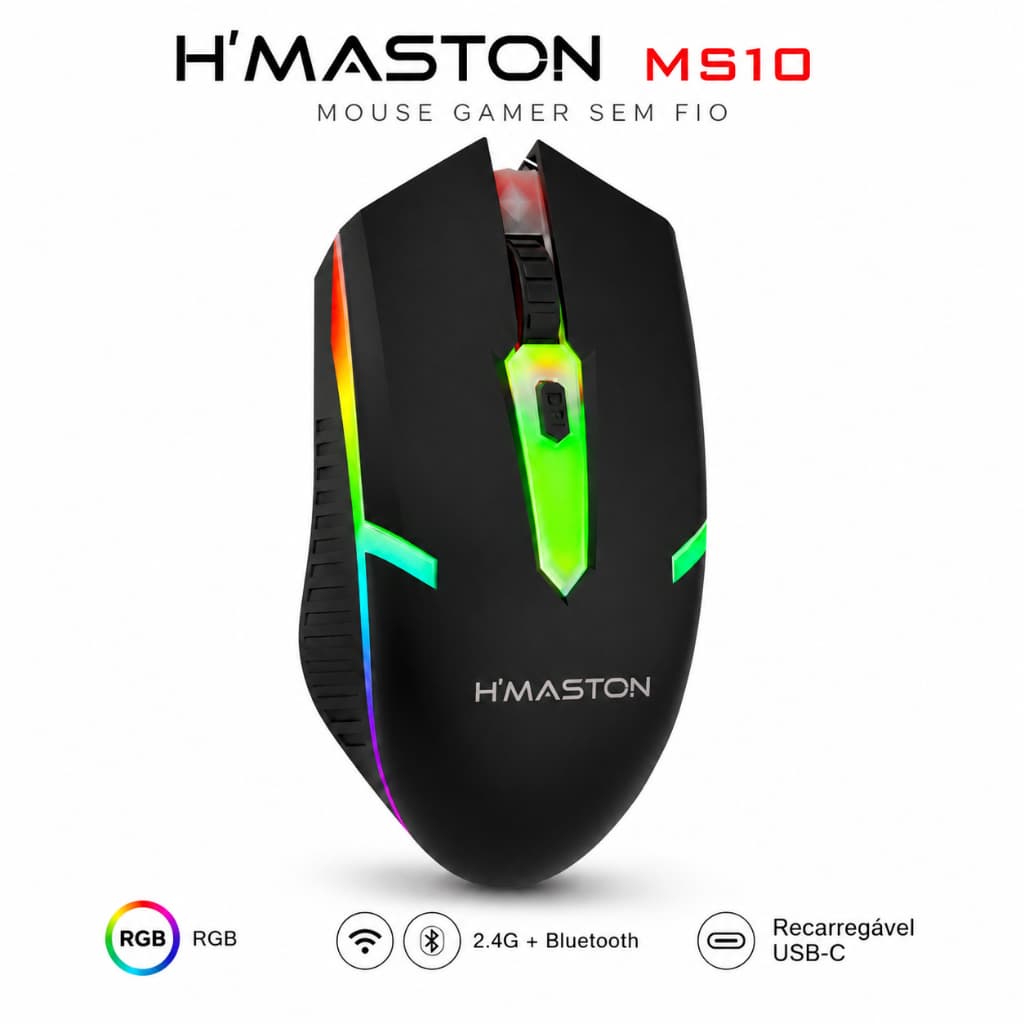 Mouse Gamer H'Maston MS10 RGB Sem Fio 2.4G Bluetooth Recarregável PC Notebook