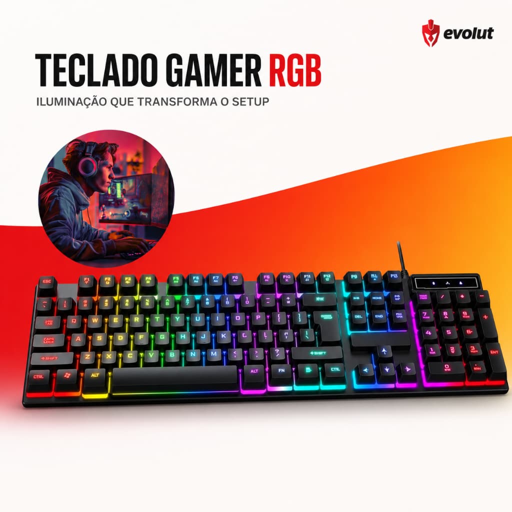 Teclado Gamer Semi Mecânico com Fio Preto Evolut Led RGB Abnt2 Qwerty Português Rainbow Ergonômico