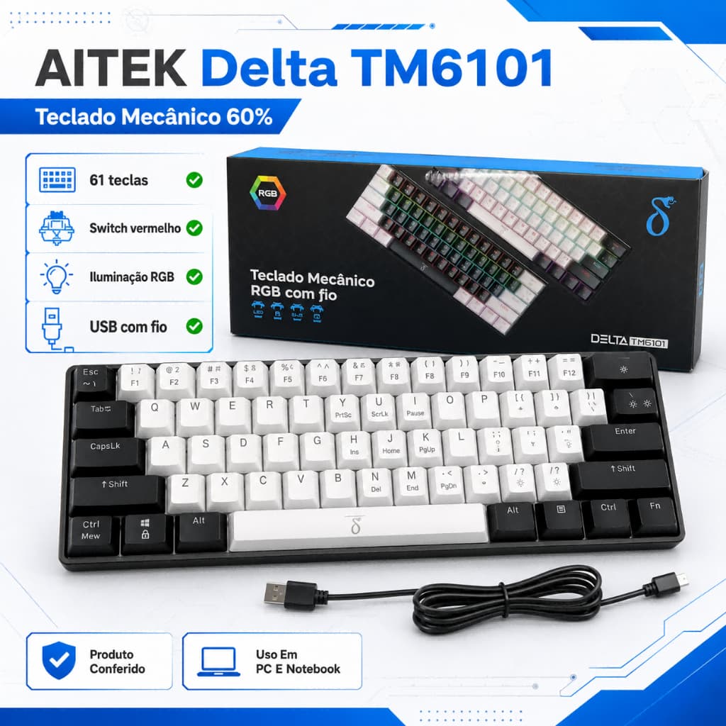 Teclado Mecânico AITEK Delta TM6101 60% RGB Switch Vermelho USB Com Fio ABNT2 61 Teclas