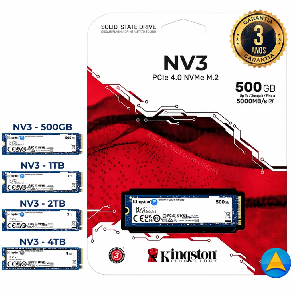 SSD NVME M.2 Kingston 4TB/ 2TB/ 1TB e 500GB NVMe PCIe 4.0 - SNV3S Preto