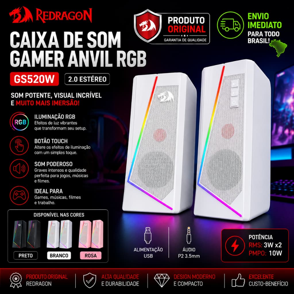 Caixa de Som Gamer Redragon Anvil  aux estéreo de 3.5mm surround RGB 2.0 PC/notebook/TV