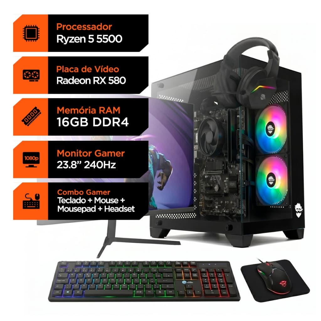 PC Gamer Soldier, Ryzen 5 5500, RX 580 8GB, 16GB DDR4, SSD 240GB + Monitor Superframe 240Hz + Combo Gamer