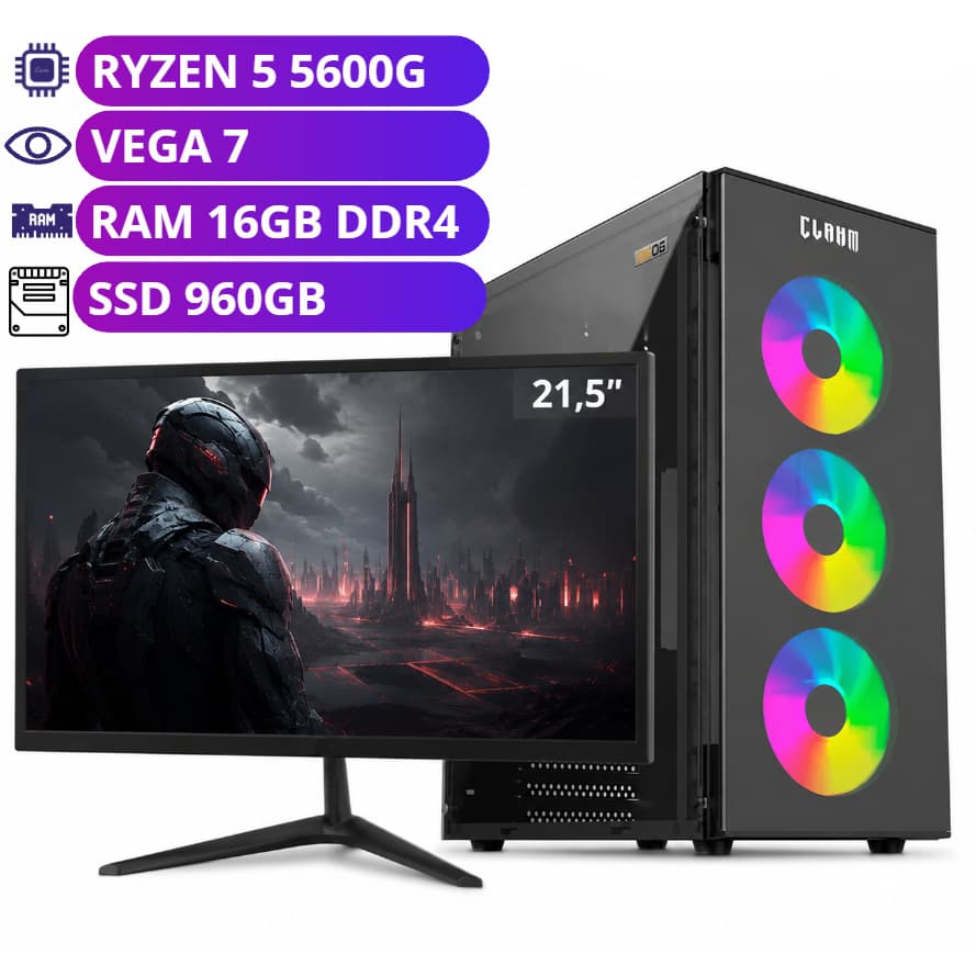 Computador Gamer Amd Ryzen 5 5600G - 16GB - 960GB - Monitor 21,5"