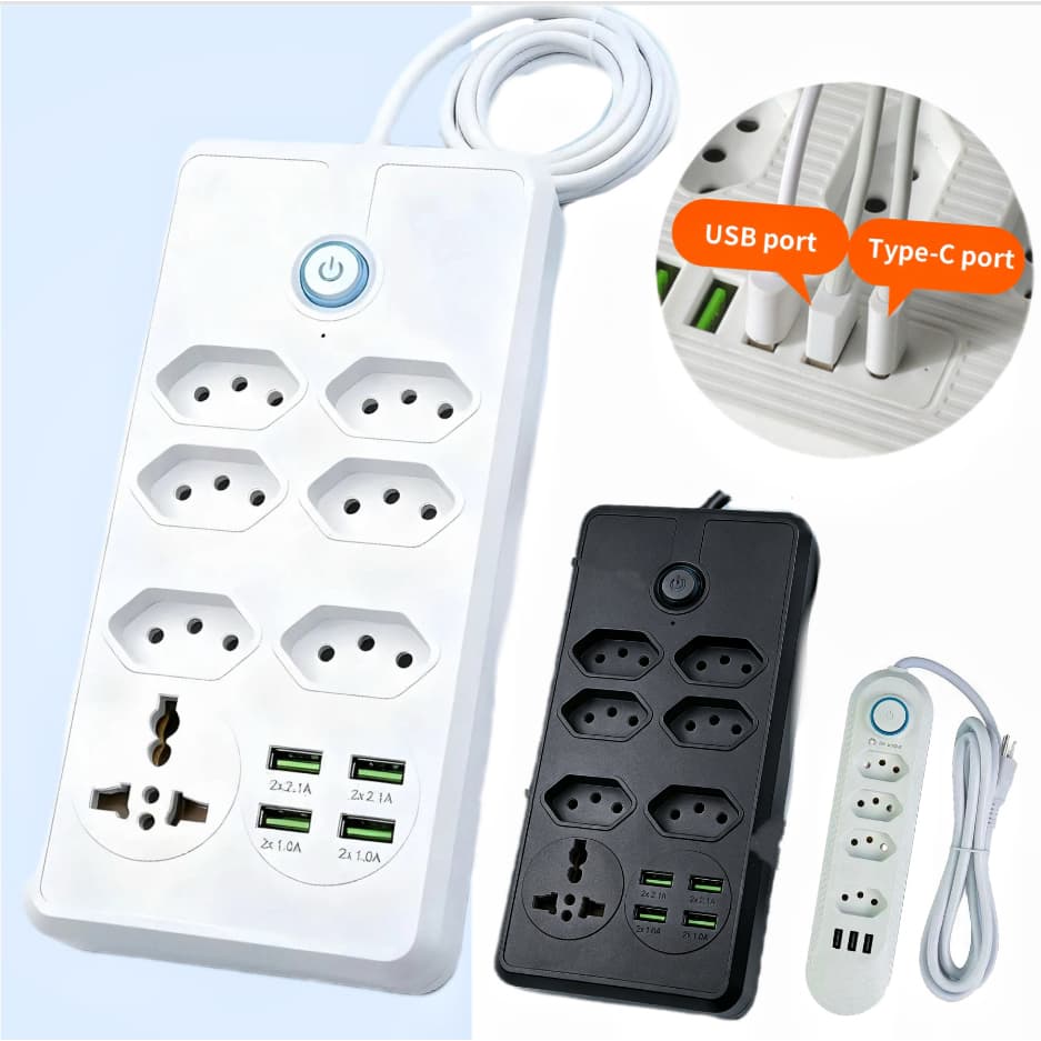 Extensão 6 Tomadas com 3 USB e TypeC Universal Bivolt 110v/220v 2500W Power 2m Filtro De Linha Segurança