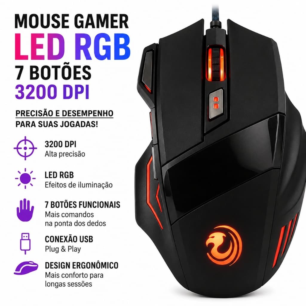 Mouse Gamer Iluminado Led RGB 7 Botões Para Jogos 3200 Dpi