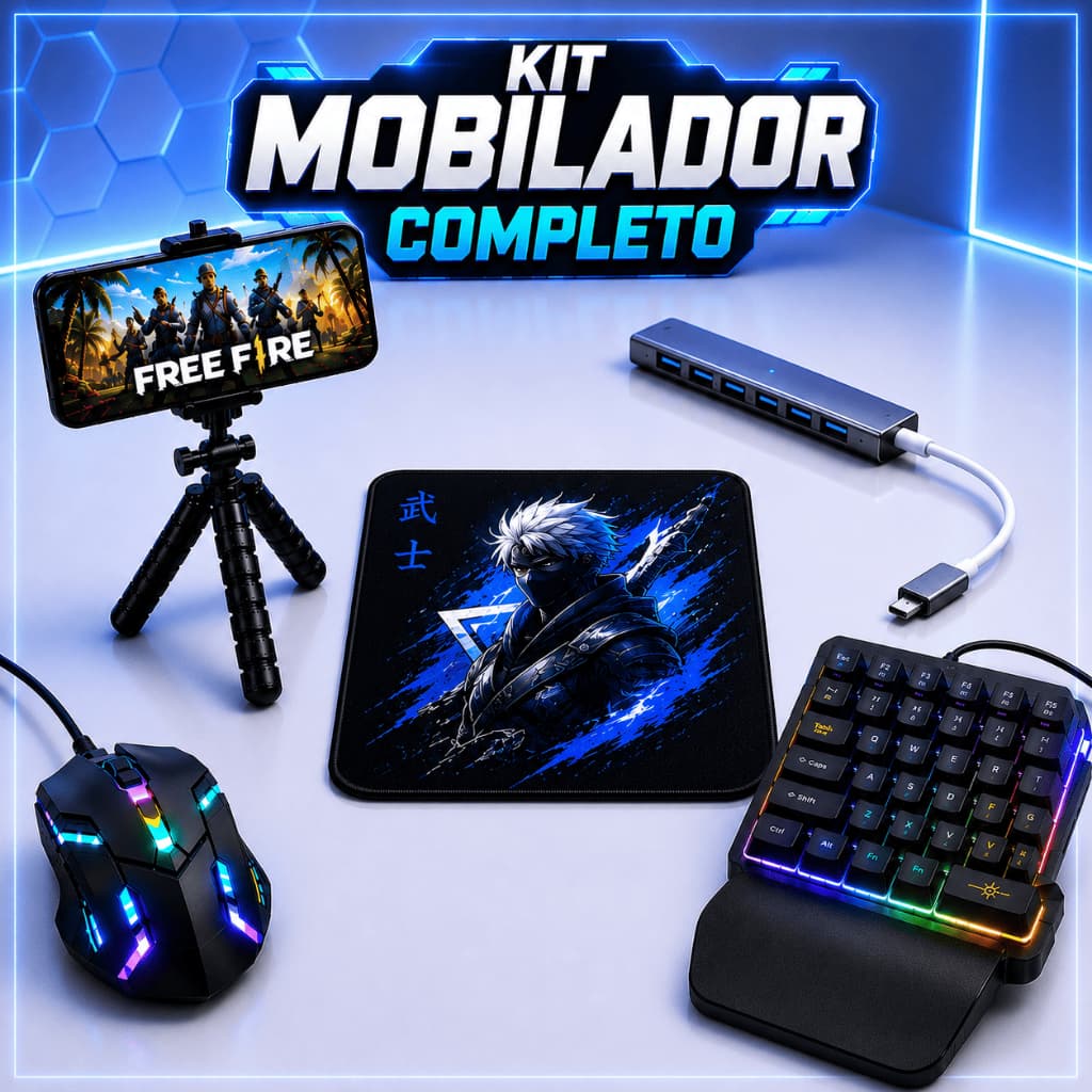 Kit Mobilador Completo Gamer Teclado Mouse RGB Hub Usb Tipo C Free Fire Android OTG Tripé Flexível