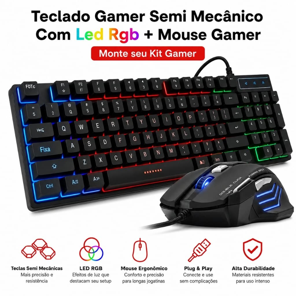 Teclado Gamer Semi Mecânico Com Led Rgb Usb Português/BR Pc Ps4