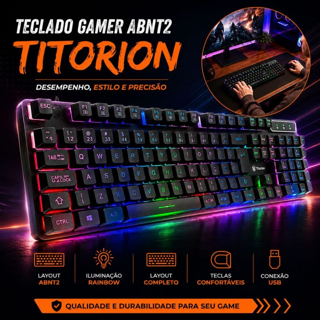 Teclado Gamer Semi Mecânico 100% com Fio Preto Abnt2 Usb Rgb Computador Videogame - Titorion TE001