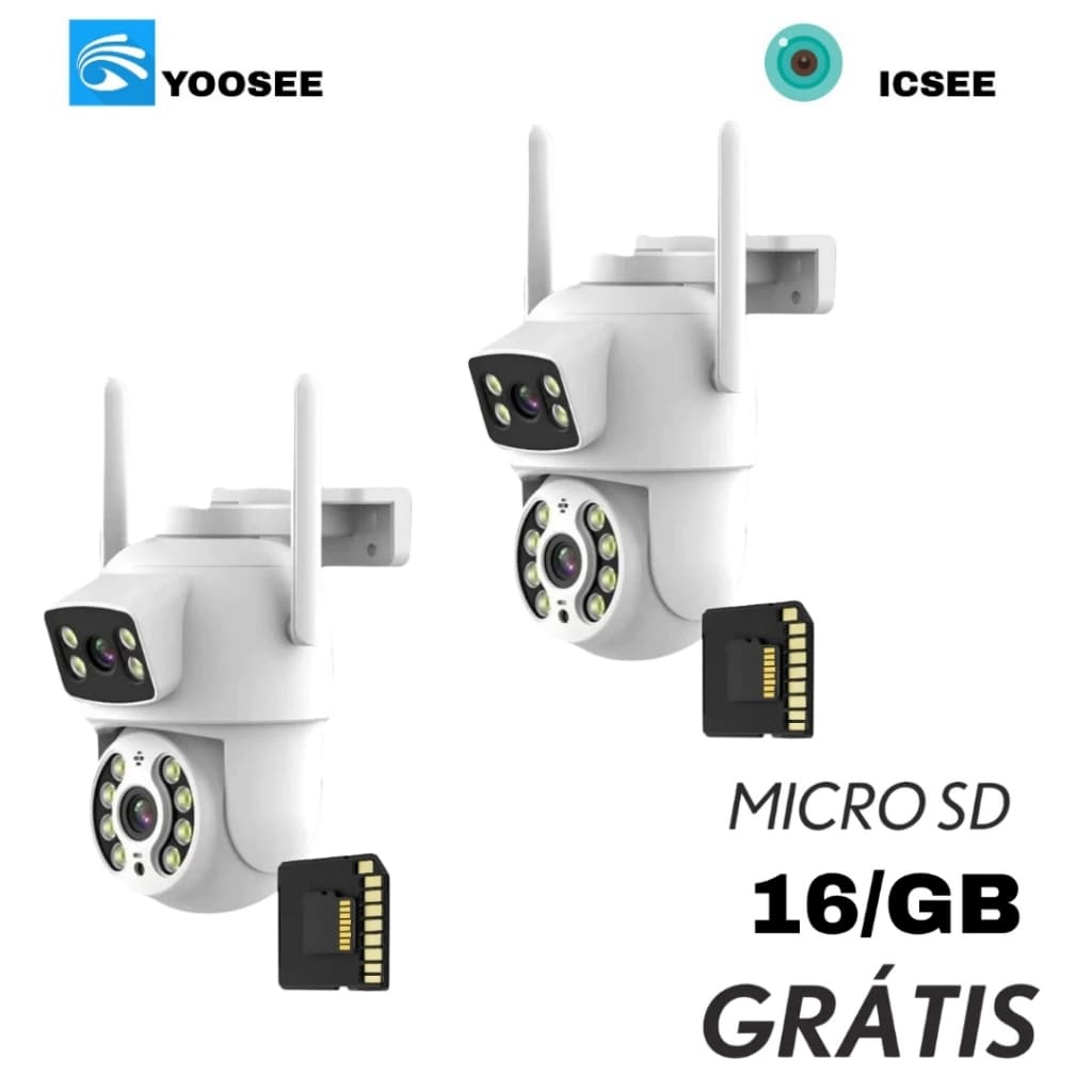 KIT2 Câmera De Segurança Lente Dupla ICSEE/YOOSEE IP66 Wi-Fi 360° Sensor Movimento + MICROSD 16GB