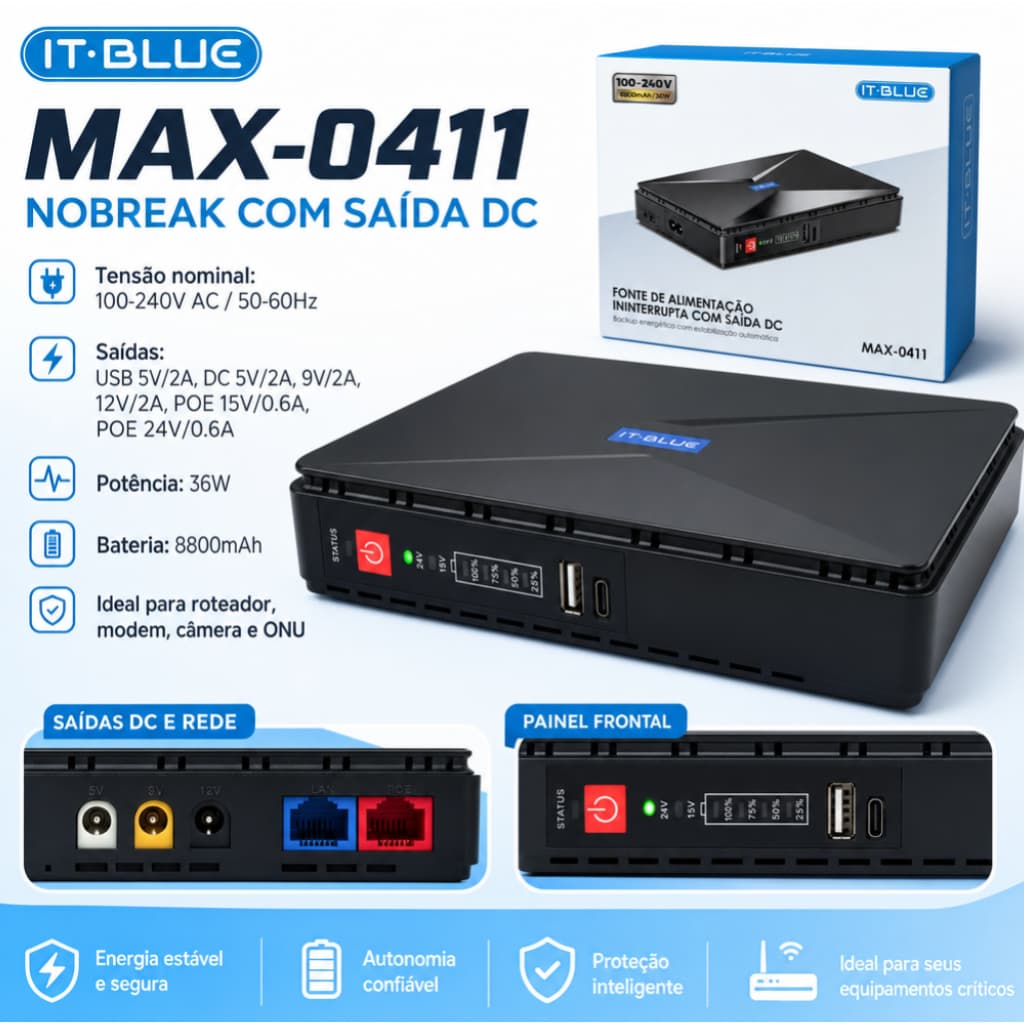 Mini Nobreak Ups 36w Usb Type-c Roteador Wifi 5v Á 24v IT-BLUE MAX-4011
