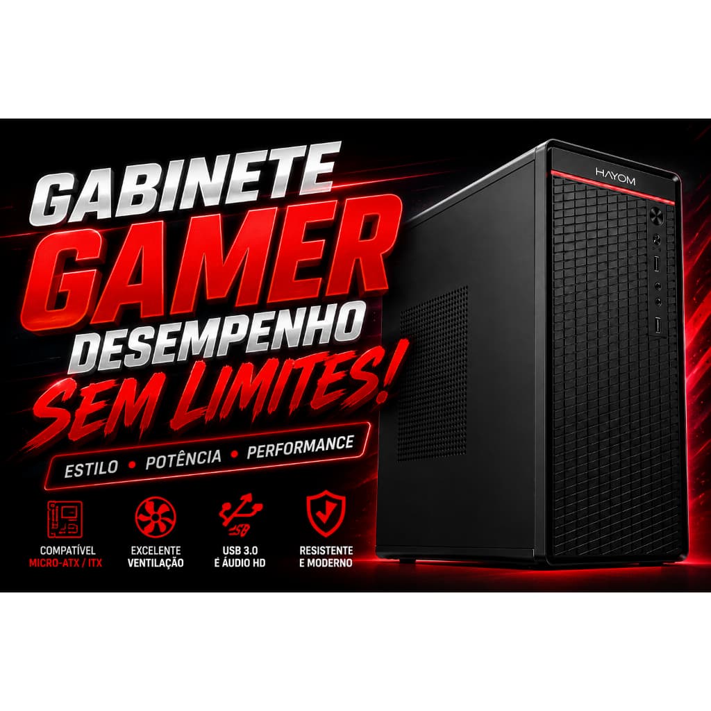 Gabinete Office HAYOM Micro-ATX USB Frontal SEM FANS Preto Gamer Leve