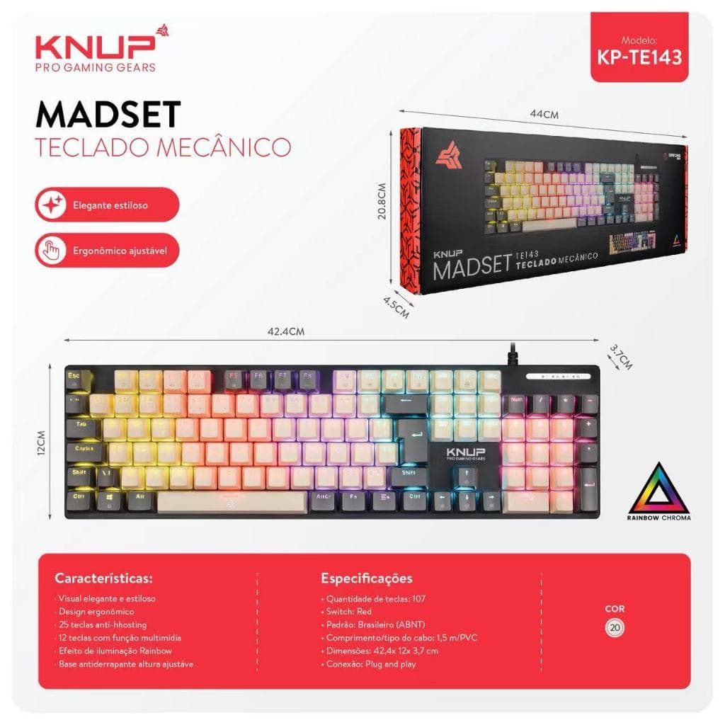 Teclado Mecanico Gamer Knup KP-TE143 Switch Vermelho LED Rainbow Para PC