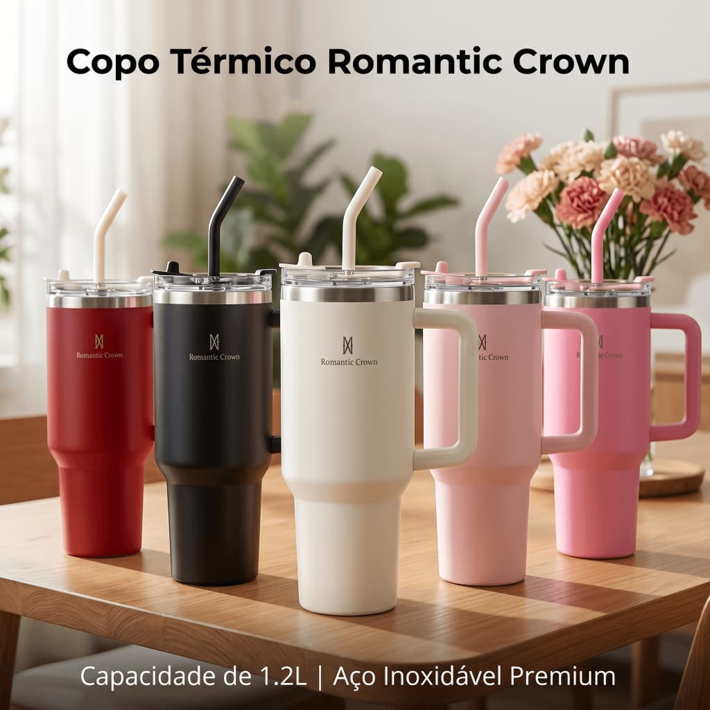 ROMANTIC CROWN Copo Térmico Inox Portátil 1200ml/600ml/1.2L Garrafa Térmica Inoxidável com Tampa e Canudo