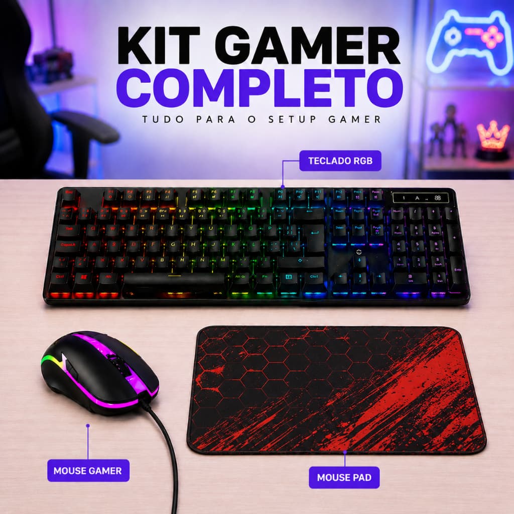 Kit Teclado Gamer Semi Mecânico RGB Mouse LED Óptico Mouse Pad Profissional Para PC PS5 Xbox Note