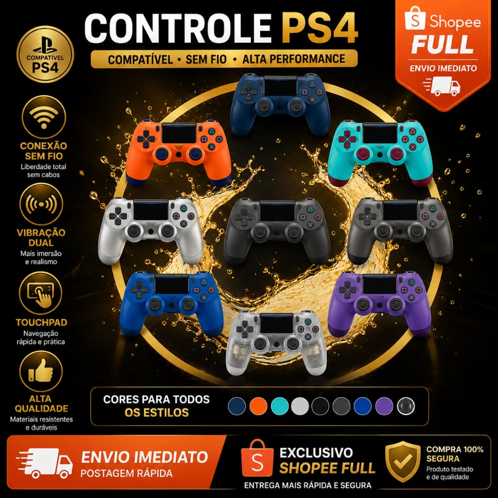 Controle Sem Fio Compatível com Ps4 Bluetooth Primeira Linha Premium Para Video Game