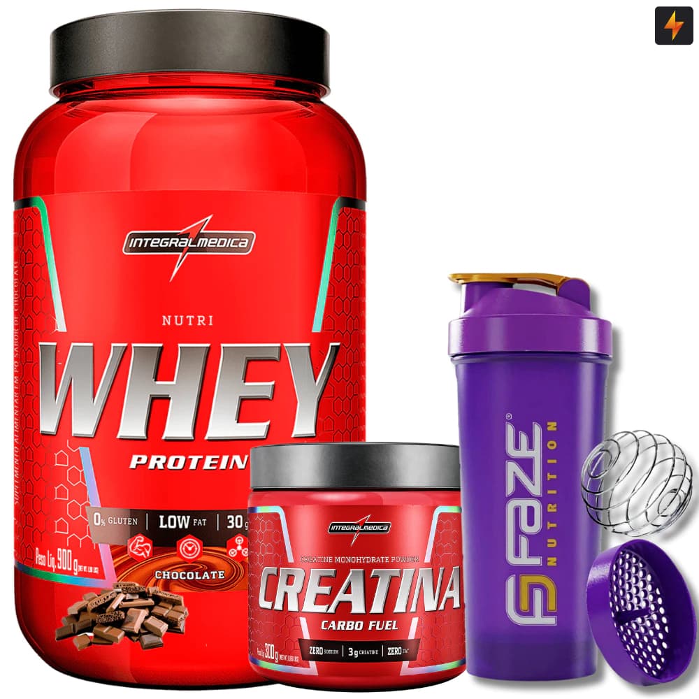 Kit Nutri Whey Pote 900g + Creatina CarboFuel 300g + Coqueteleira - F