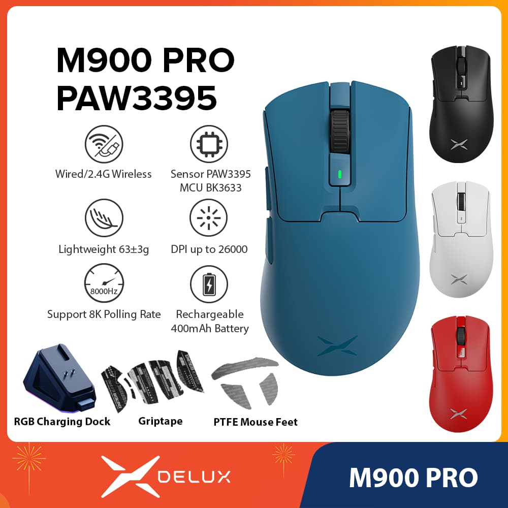 Delux M900 PRO PAW3395 Mouse Para Jogos Azul DPI MAX 26000 Com Fio 2.4G Sem Recarregável Base De Carregamento Magnética 