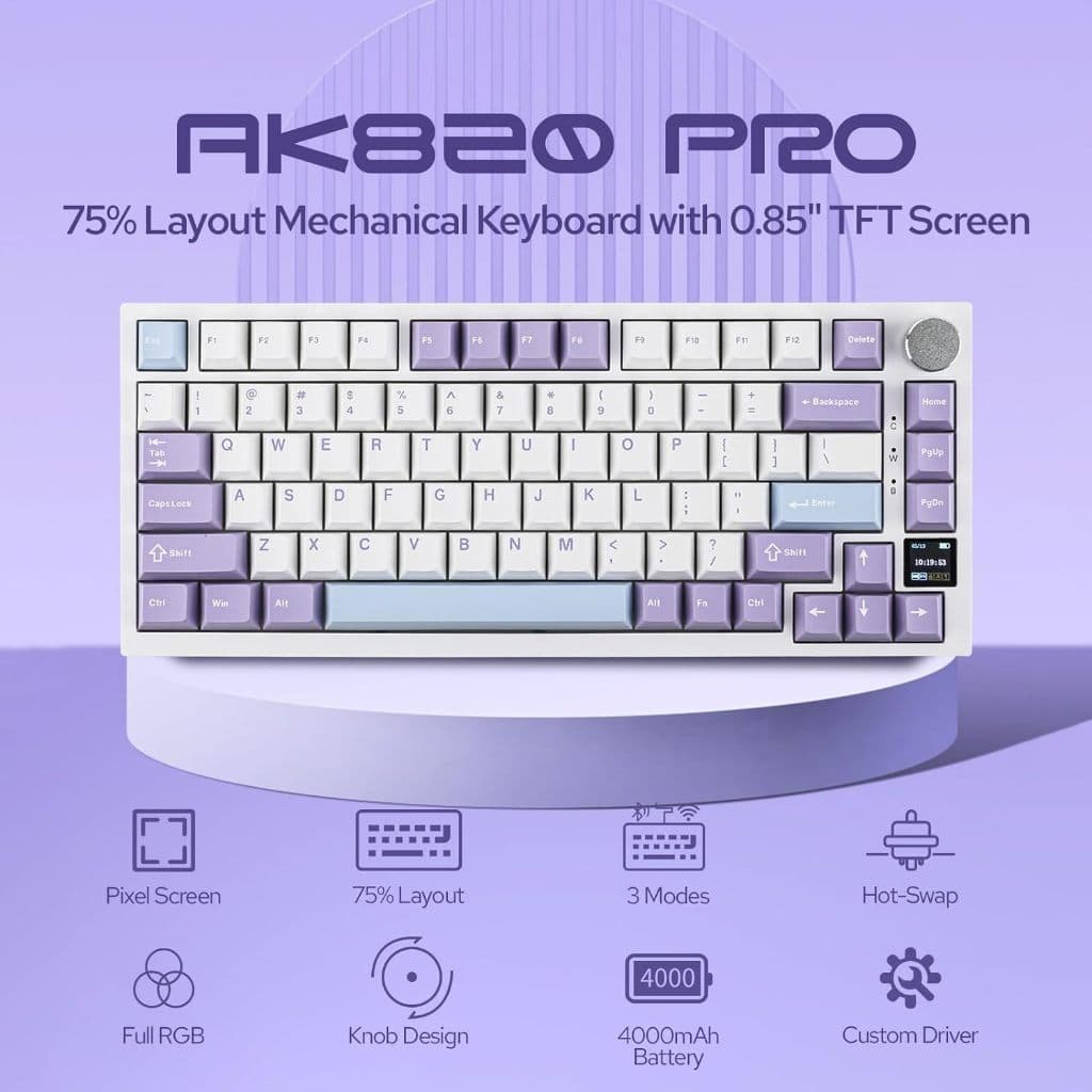 AJAZZ AK820PRO Teclado Mecânico De Montagem Em Junta Hot Swap 75 % Com Tela TFT , 4000mAh BT/2.4G/LED Voltado Para O Sul