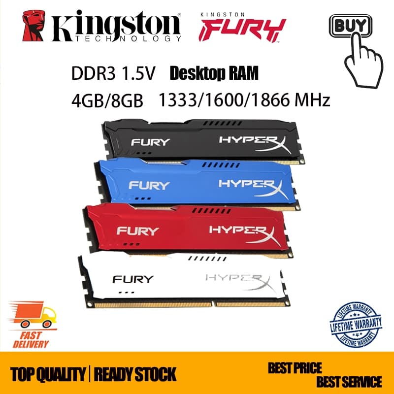 Kingston HyperX FURY DDR3 1.5V 4GB 8GB 1333MHz 1600Mhz 1866Mhz 240Pin DIMM PC Desktop Memória