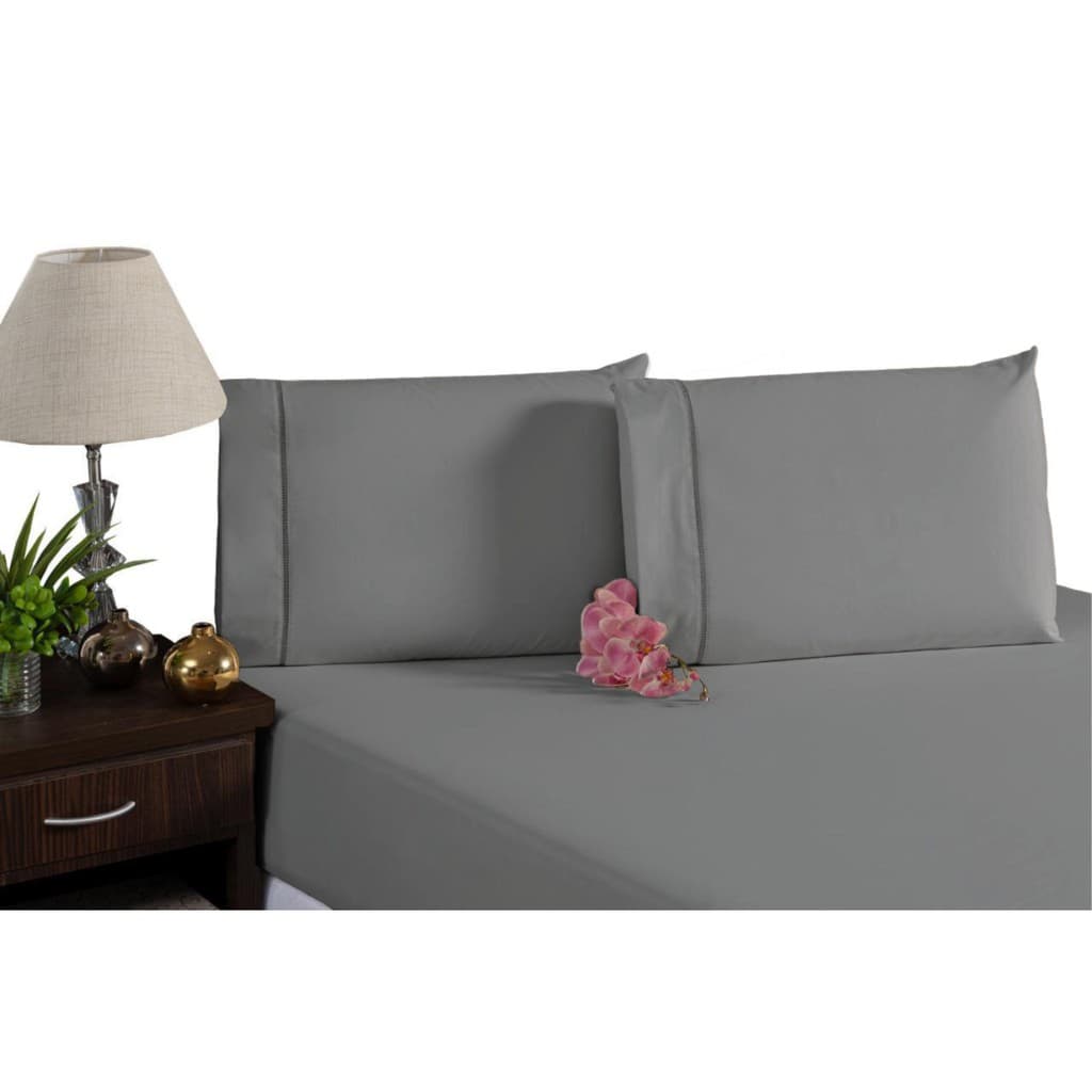 kit lençol cama casal queen 400 fios ponto palito cinza 3 peças