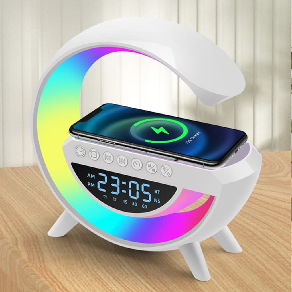 Caixa De Som Led Luminária Bluetooth Alto Falante Carregador Sem Fio Lâmpada Mesa RGB Alarme Relógio