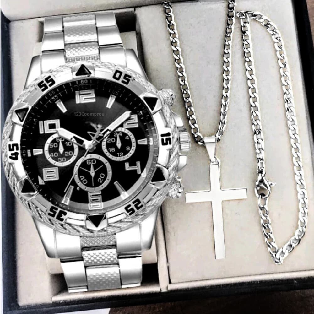 Kit Relógio Masculino Aço Inox Resistente a Água Com Corrente Cruz e Pulseira