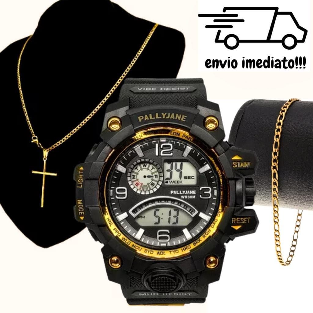 Kit Relógio Digital Esportivo Masculino + Corrente Cruz e Pulseira Aço Inoxidavel
