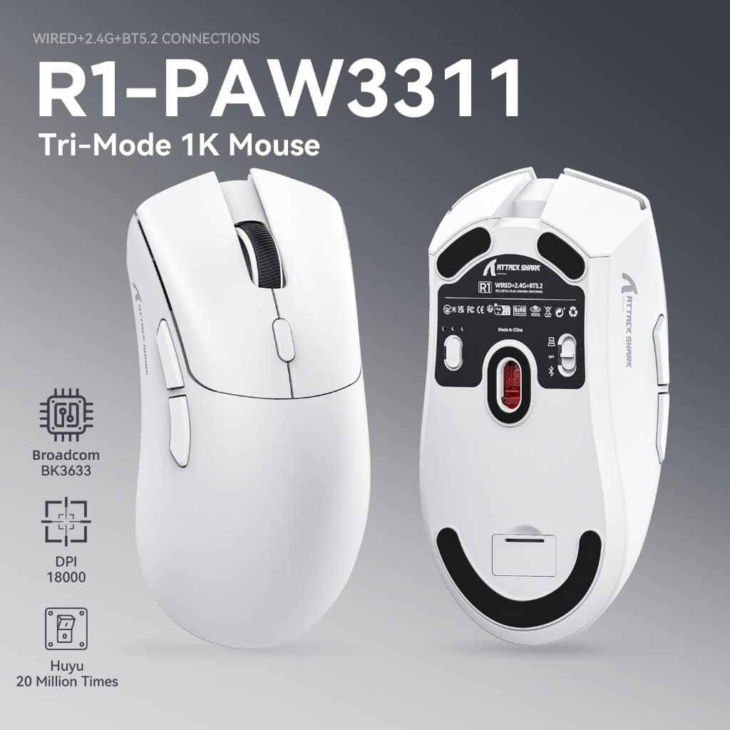 Rato De Ataque Shark R1 PAW3311 Mouse Três Modos Sem Fio Bluetooth De Jogo Personalizado