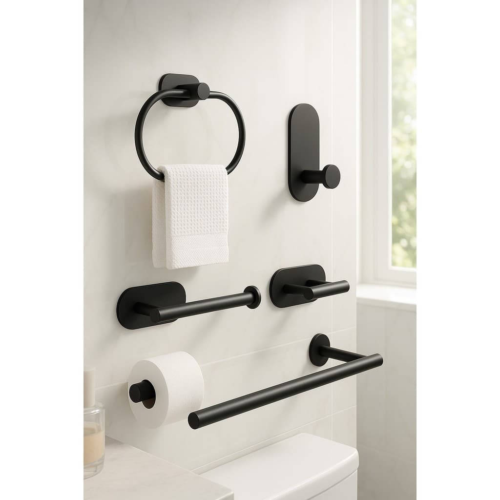 Conjunto Banheiro Aço Inox – Preto Fosco, Sem Furo, 4 Peças!