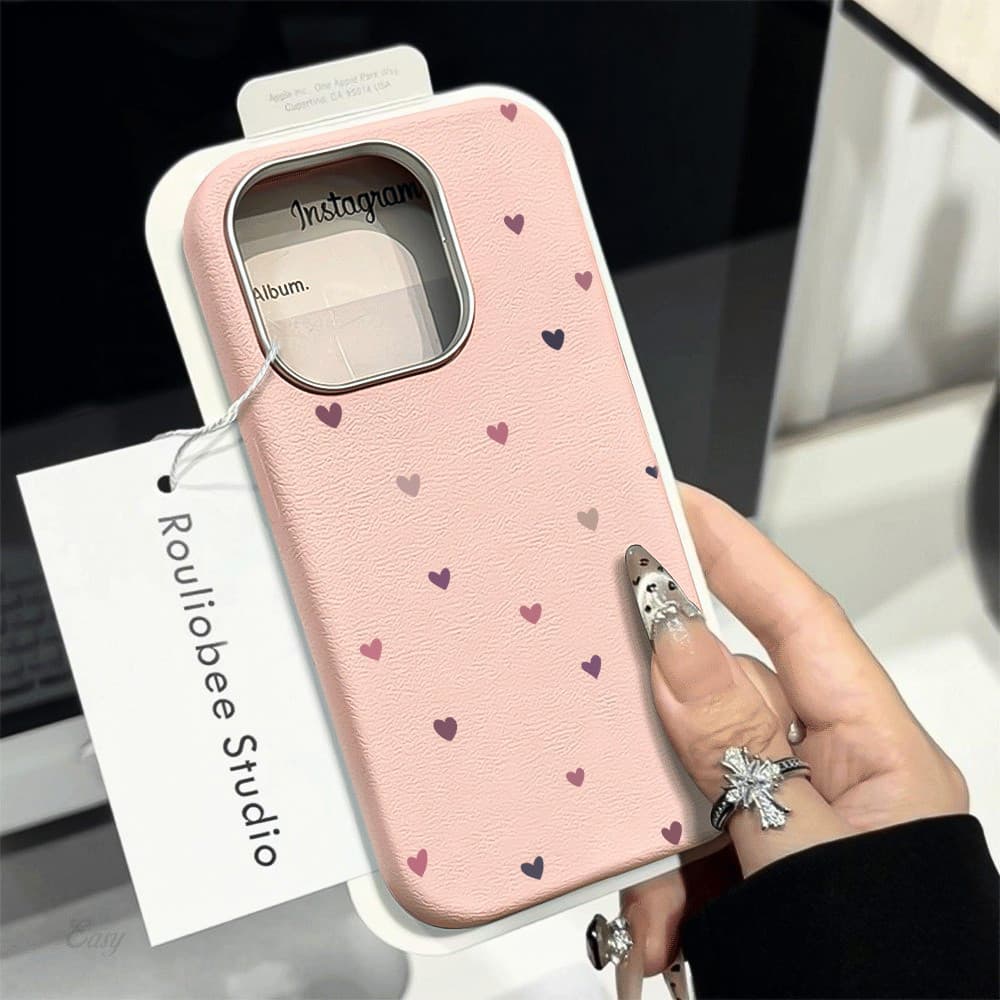 Textura de Couro Sintético Premium Capa Capinha Para iPhone 14 16 15 Plus 17 Air 13 12 11 Pro Max Amor Coração