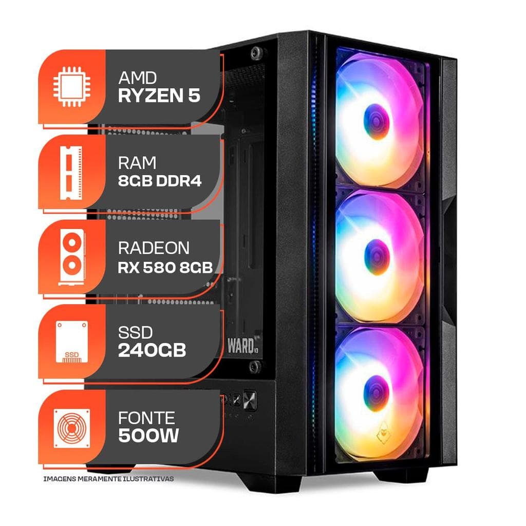 PC Gamer Forge, AMD Ryzen 5 5500, RX 580 8GB, 8GB DDR4, SSD 240GB, 500W 80 Plus