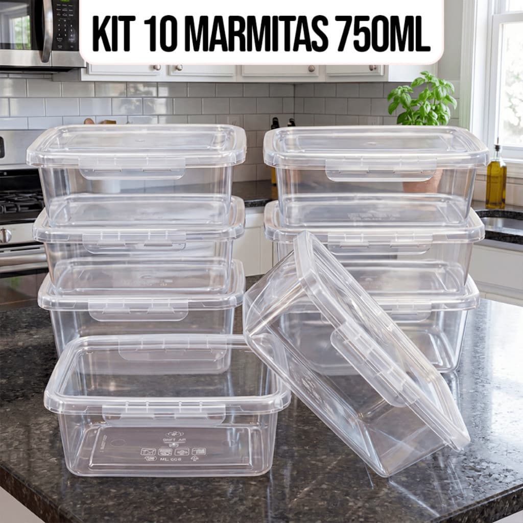 Kit 10 Marmitas Potes 750ml Travas Laterais hermeticas - Livres de BPA Alimentos organiza congelador - KAZIVA