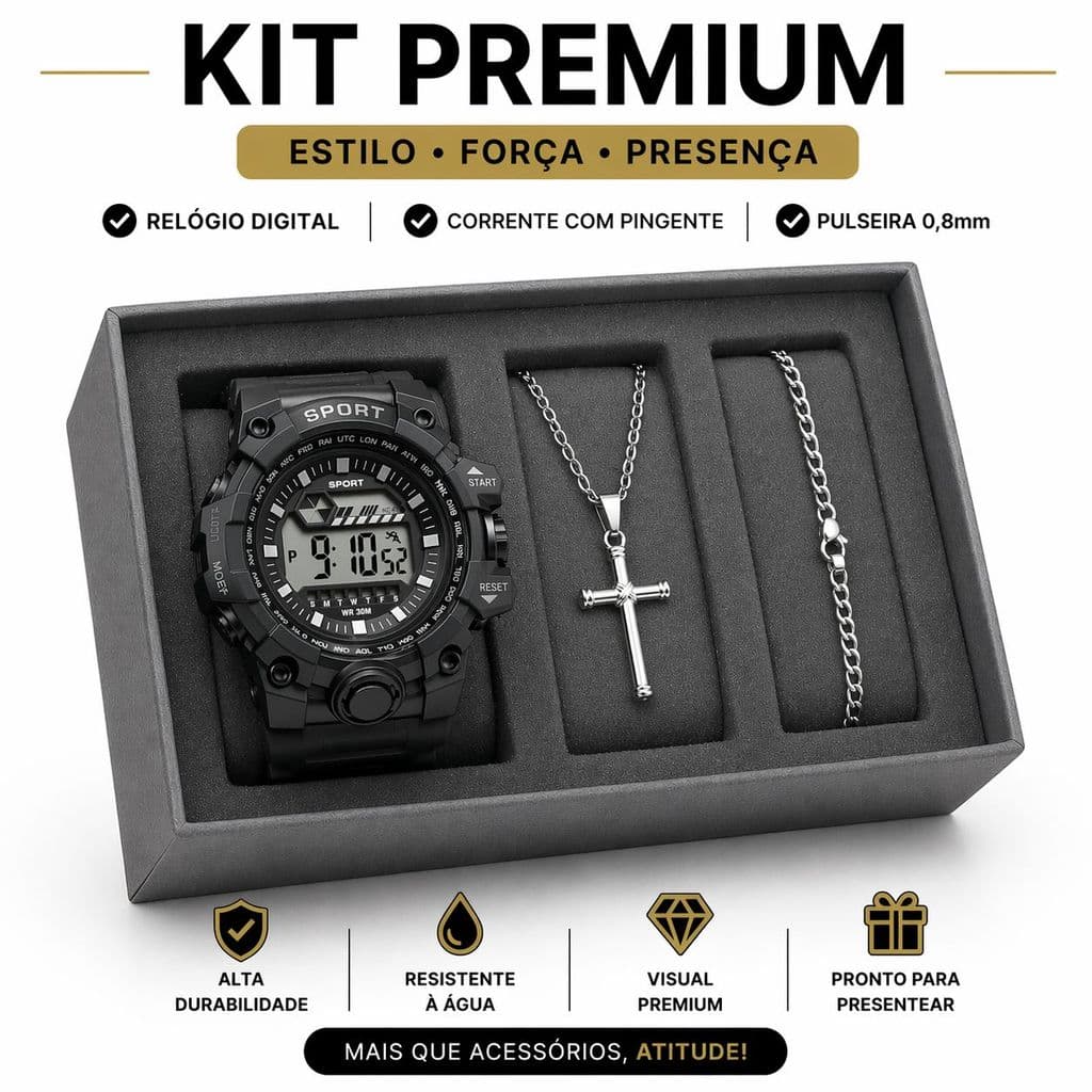 Kit Relógio Masculino Digital Sport À Prova D'Água Corrente Pulseira Pingente