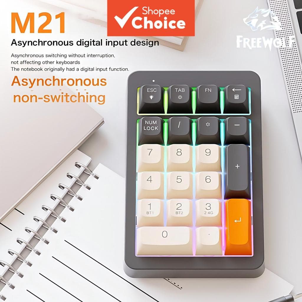  FREEWOLF M21 Teclado Numérico Sem Fio, 21 Teclas Teclado Numérico Bluetooth 2.4G com Luz de Fundo RGB, 950mAh para