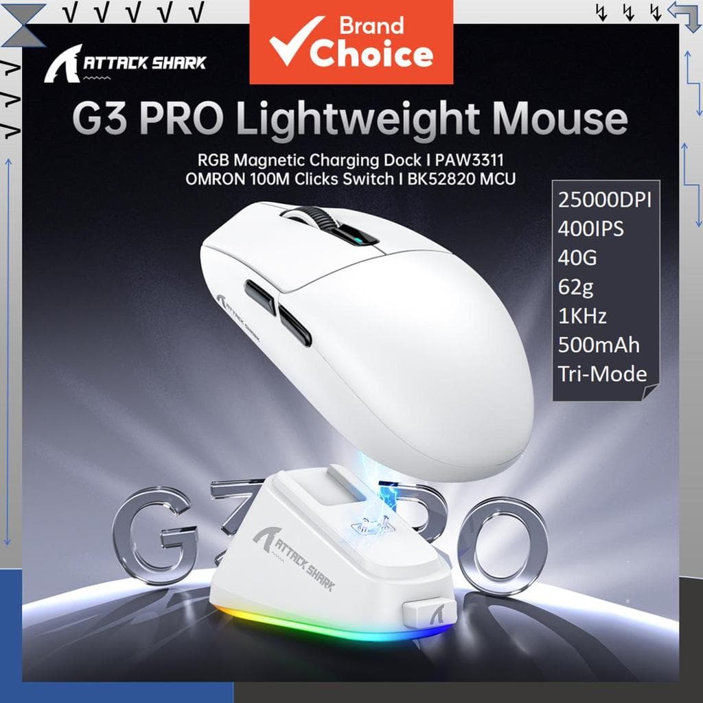 Mouse Para Jogos Tri-Modo Attack Shark G3 Pro 62g PAW3311 RGB Doca De Carregamento Magnético 25000DPI , G3