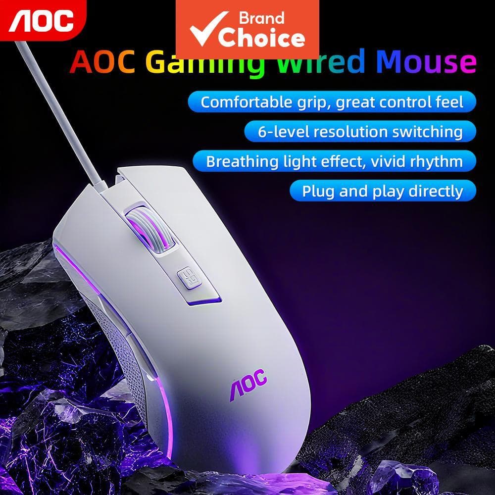 Rato de Jogos AOC GM120 com fio, DPI ajustável em 6 níveis até 6400, Design Ergonômico, Luz RGB de 7 Cores com