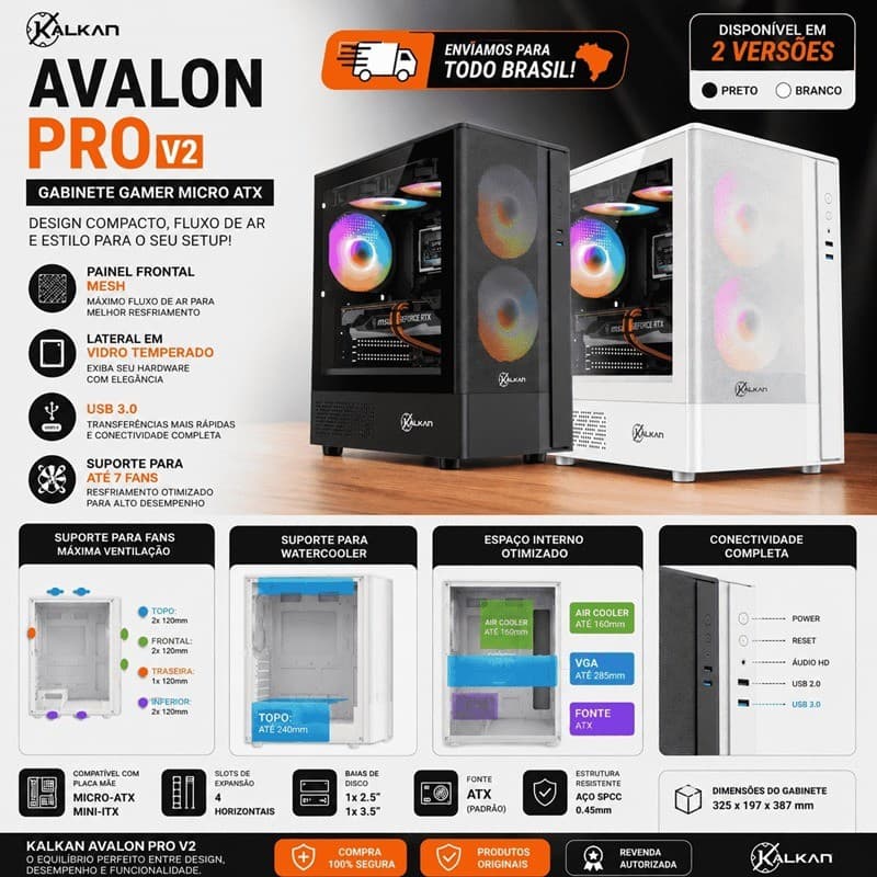 Gabinete Gamer Kalkan Avalon Pro V2 Micro ATX Painel Frontal Mesh Sem Fans USB 3.0 Janela Lateral em Vidro Temperado