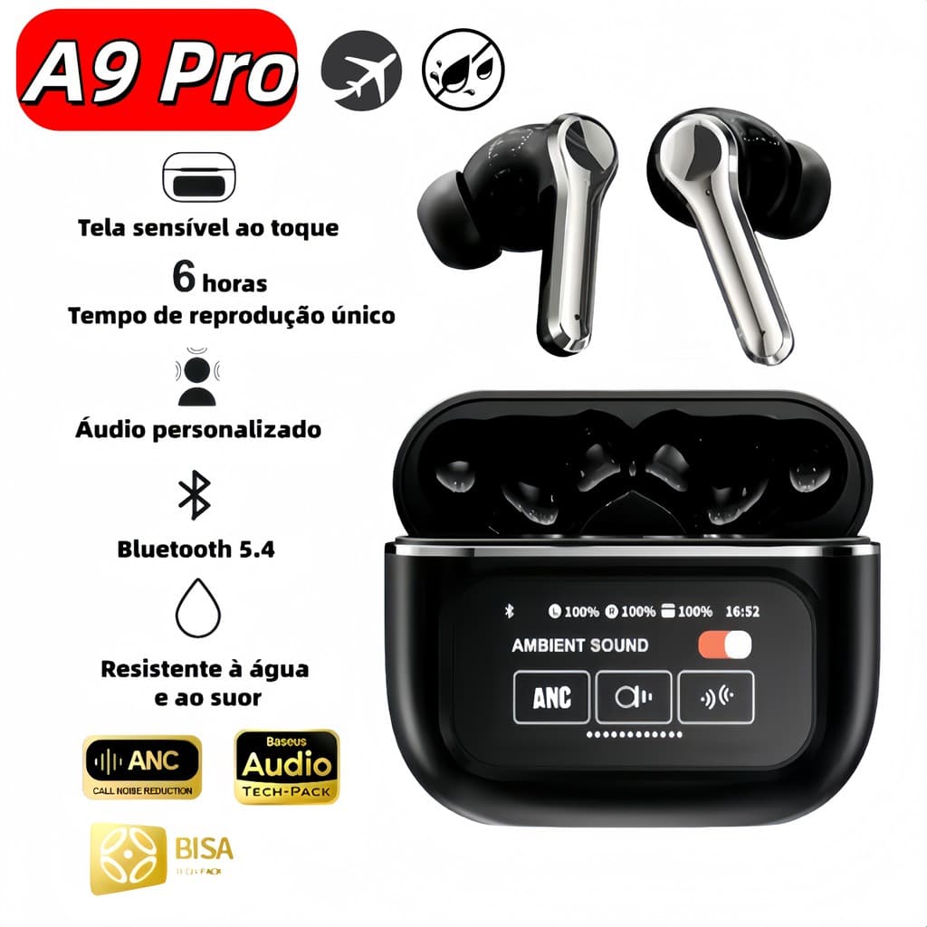 A9 Pro Fone de Ouvido TWS ANC | Bluetooth 5.4 Touch Screen Cancelamento de Ruído Sem Fio